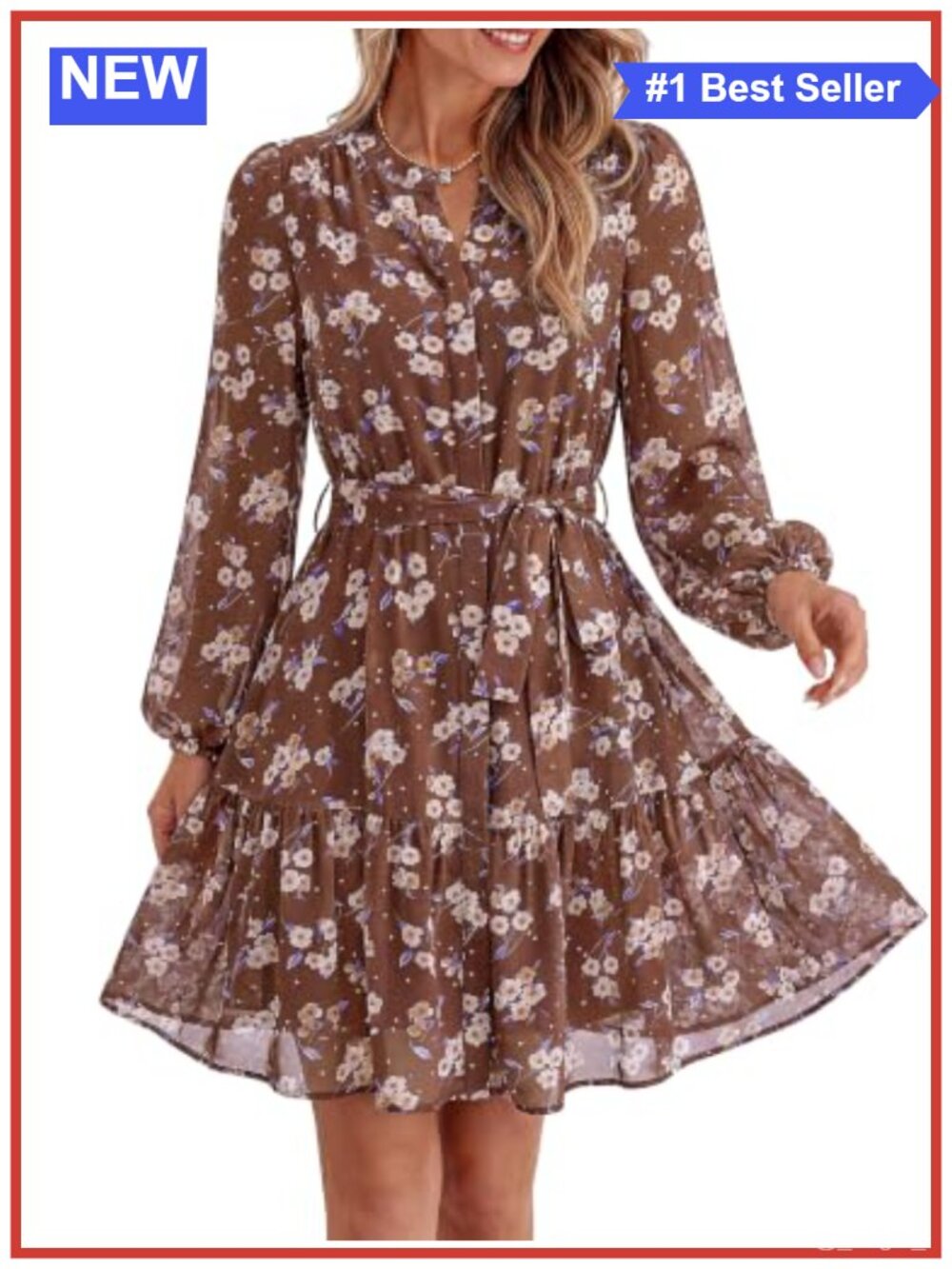 Chiffon V Neck Floral Mini Dress Long Sleeve A Line Empire Waist with Belt